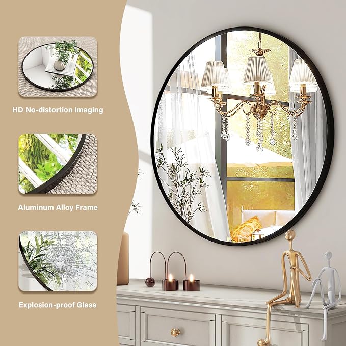 HARRITPURE Round Mirror 19.6 Black Wall Mounted Circle Mirrors Vanity Mirror - Image 3