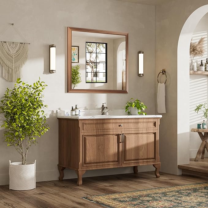 40x36 Inch Bathroom Mirror for Wall, Anti-Rust Walnut Wood Grain Metal Framed - Image 3