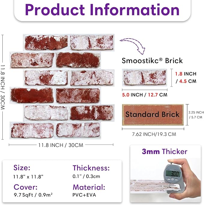 3D Peel and Stick Faux Brick Wall Panels 11.8" x 11.8" 10-Pack Red, Small - Image 4