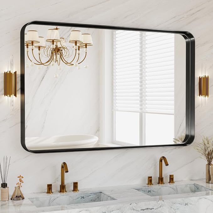 48X30 Inch Black Metal Framed Bathroom Mirror by MYSUNORIA