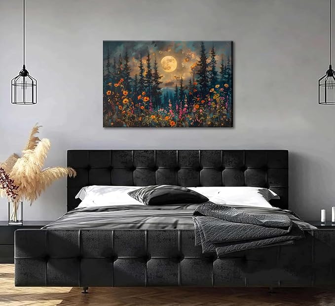 Full Moon Forest Canvas Wall Art Moonlit Pine Tree Mountains and Wildflowers - Image 6