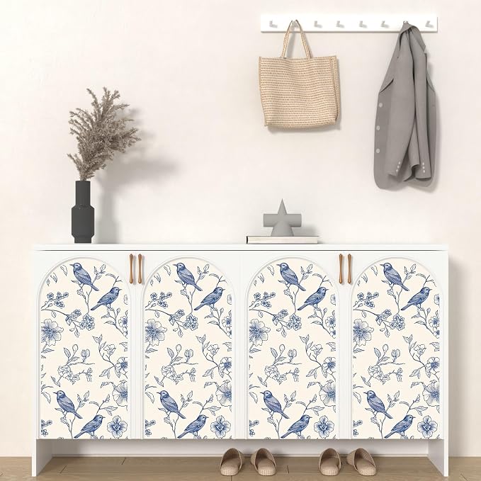 Beige Wallpaper Peel and Stick Blue Floral Bird Vintage Contact Paper 17.5" x - Image 7