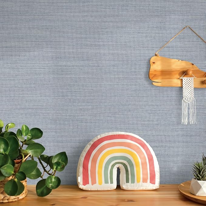 Tempaper Textured Powder Blue Horizontal Faux Grasscloth Removable Peel and - Image 7