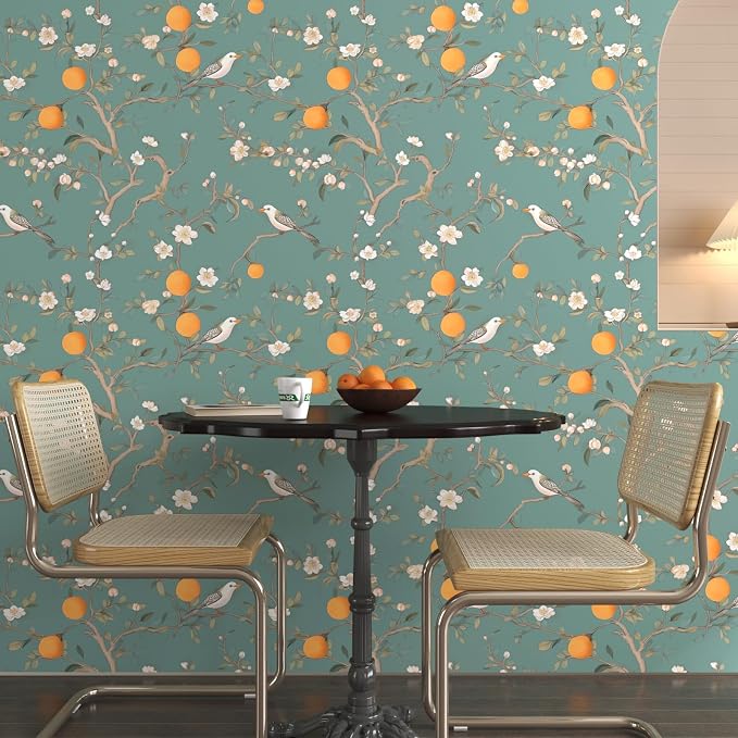 Green Floral Wallpaper Peel and Stick, Birds Contact Paper Orange Fruits - Image 3