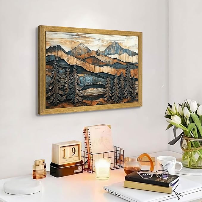 Vintage Boho Mountain Wall Art, Framed Landscape Canvas Wall Art, Nature Forest - Image 6