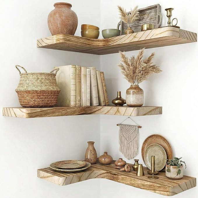 16 Inch Solid Wood Floating Corner Shelves 3 Pack by Unknown