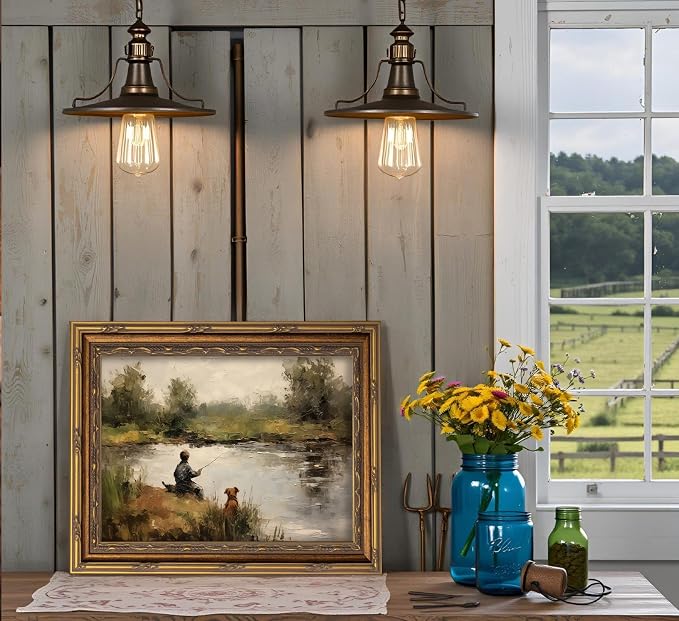 Vintage Gold Framed Wall Art Boy Fishing Country Oil Painting Canvas Prints - Image 8