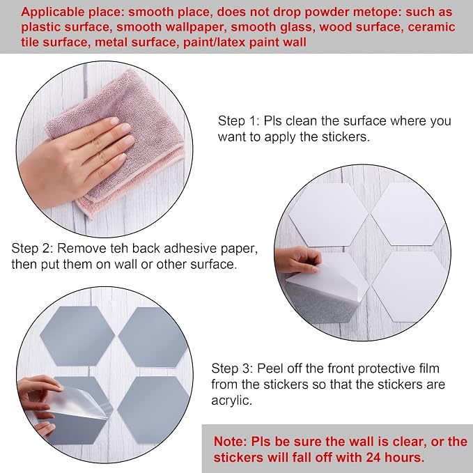Shappy 32 Pcs Hexagon Mirror Wall Stickers Removable Silver Acrylic Mirror - Image 3