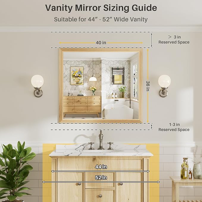40x36 Inch Bathroom Mirror for Wall, Anti-Rust Oak Wood Grain Metal Framed - Image 2
