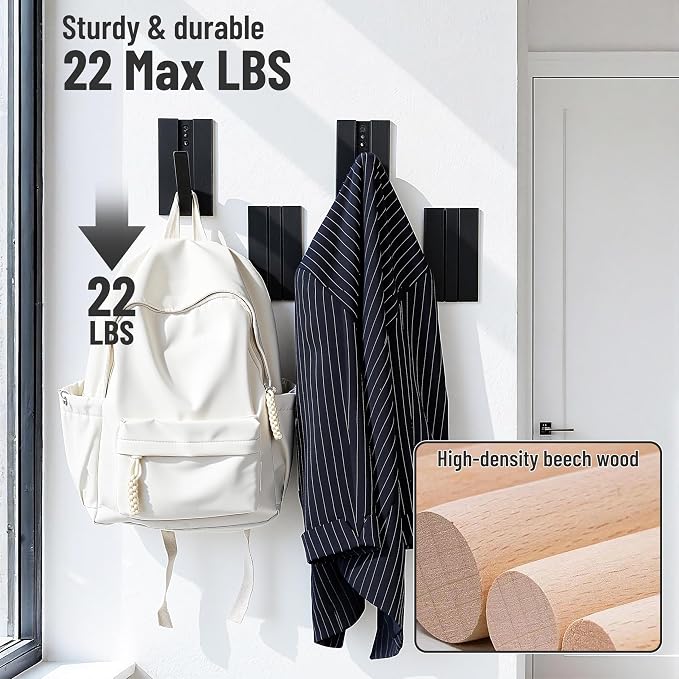 Folding Wall Hooks 4Pack: Black Modern Wooden Coat Hooks Mount - Image 4