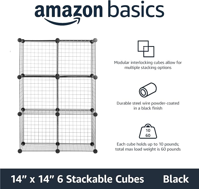 Amazon Basics 6 Cube Wire Grid Storage Organizer, Stackable Cubes, Cubby - Image 3