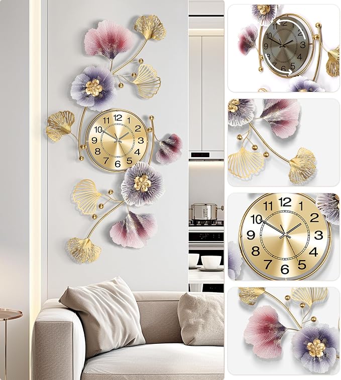 Wall Clocks for Living Room Decor, Large Wall Clock, 3D Creative Metal Ginkgo - Image 4