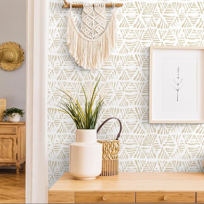 Peel and Stick Wallpaper Boho Wall Paper Geometric Beige and White Contact - Image 7