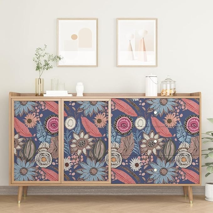 Boho Wallpaper Peel and Stick, Vintage Blue Pink Floral Contact Paper, Retro - Image 3