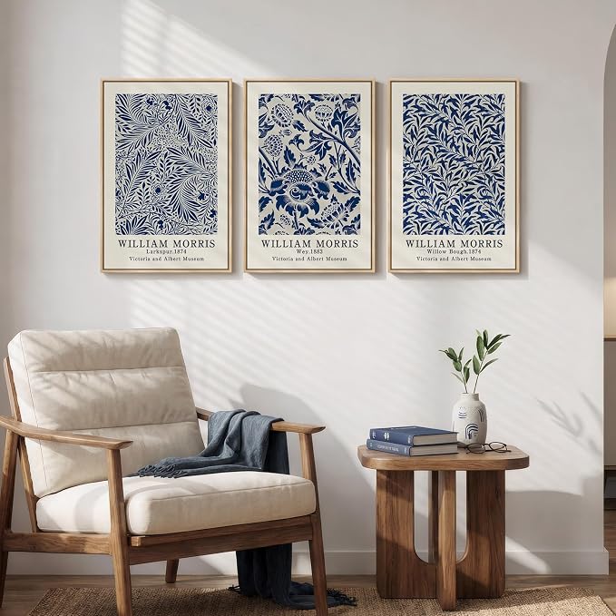 Framed William Morris Wall Art Set of 3, Large Vintage Blue Botanical Floral - Image 4