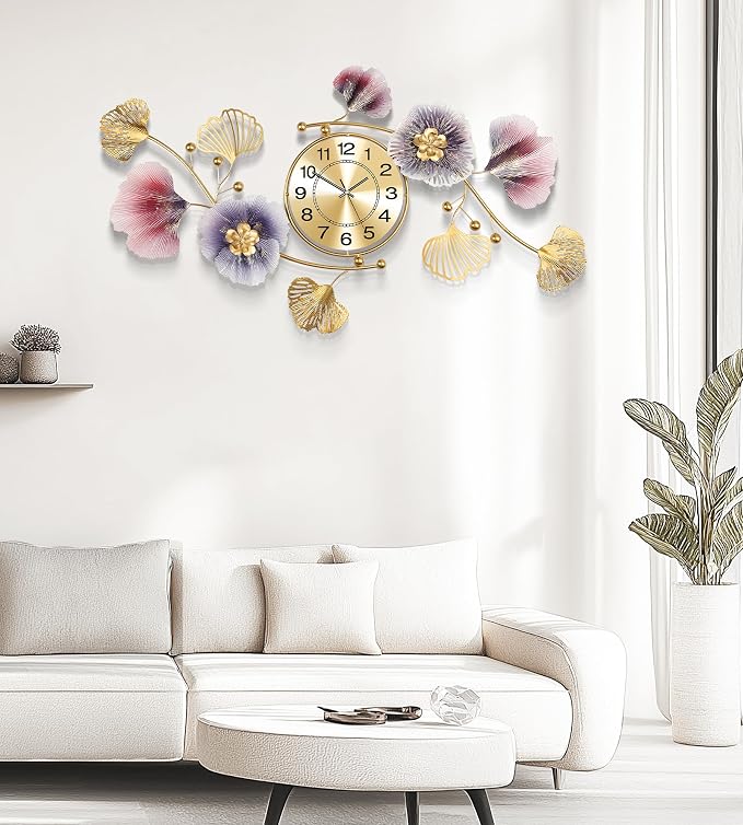 Wall Clocks for Living Room Decor, Large Wall Clock, 3D Creative Metal Ginkgo - Image 5