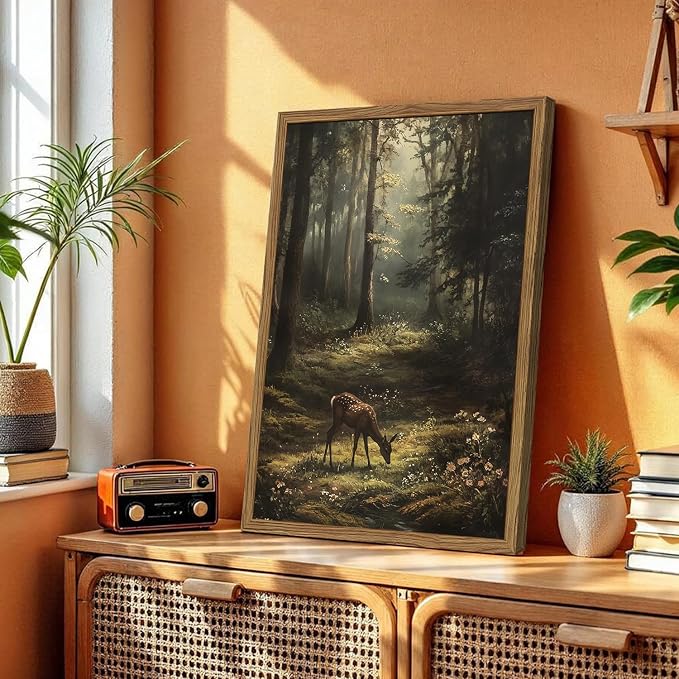 Framed Vintage Forest Deer Canvas Wall Art, Rustic Nature Landscape Paintings - Image 8