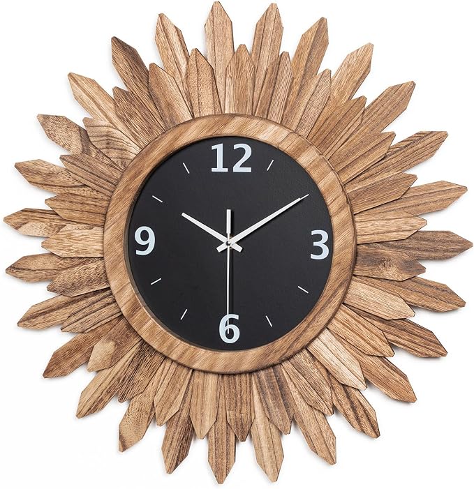 Honiway Large Wall Clock Battery Operated 21 in Rustic Wood Boho Sunburst by Honiway