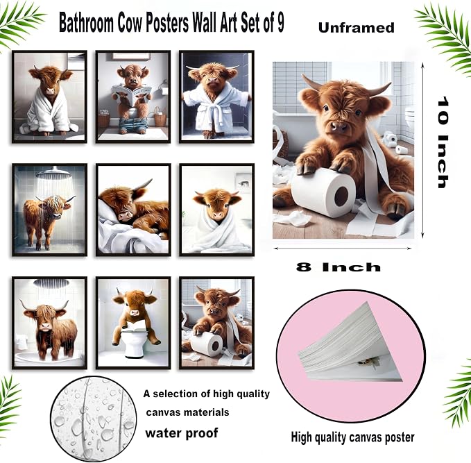 SEHSUVC Funny Bathroom Cow Posters Wall Art Set of 9, Vintage Brown Highland - Image 4
