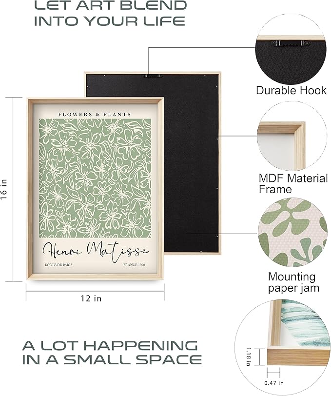 HesenDot Framed Matisse Sage Green Wall Art, William Morris Canvas Wall Decor - Image 4