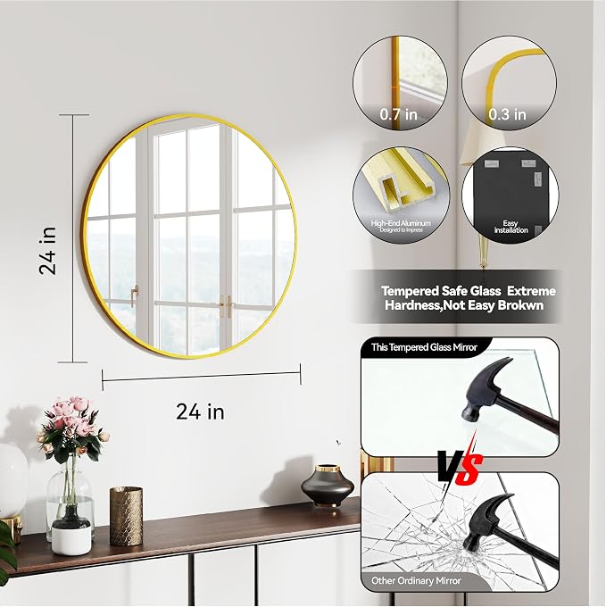 SCWF-GZ 24" Round Mirror Circle Wall Mounted Hanging or Against Wall Metal - Image 3