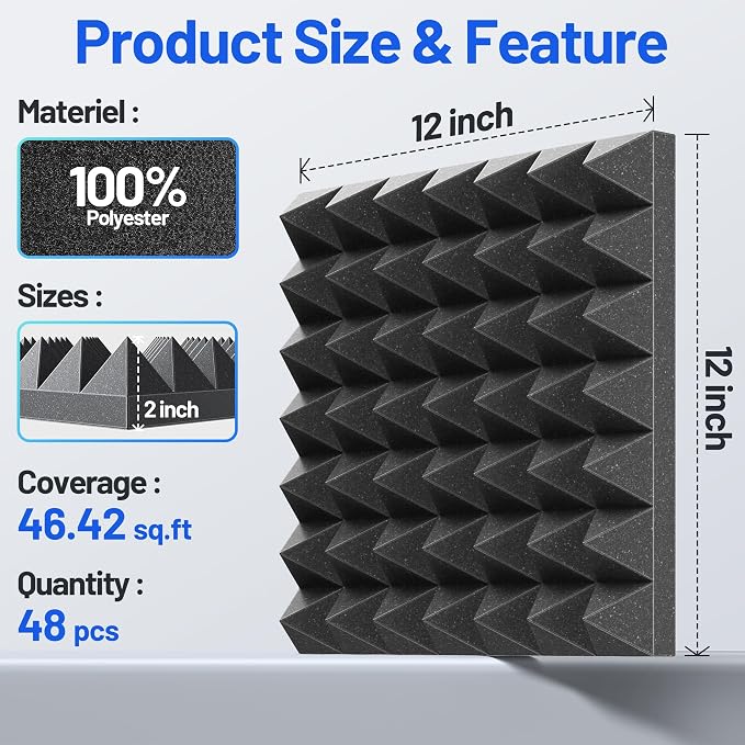 48 Pack Pyramid Sound Proof Foam Panels - Image 6