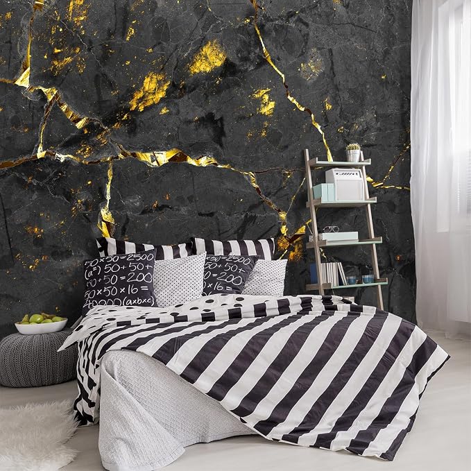 -Black and Gold Marbled Fabric Wallpaper Dark Abstraction Art Living Room by YIHWM-PurchaseNow