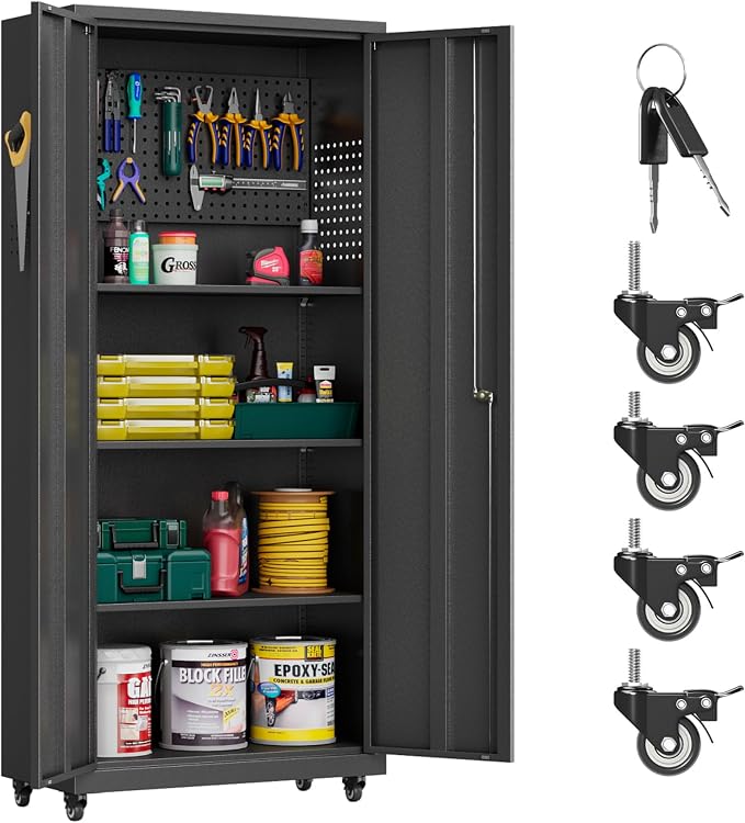 Garage Storage Cabinet with Wheels, Metal Storage Cabinet with 2 Doors and by Yoonkool