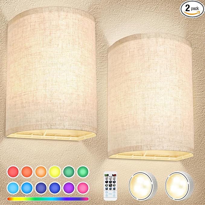 FINCMY Battery Operated Wall Sconces Set of Two, 18 RGB Colors Stick on Wall by FINCMY