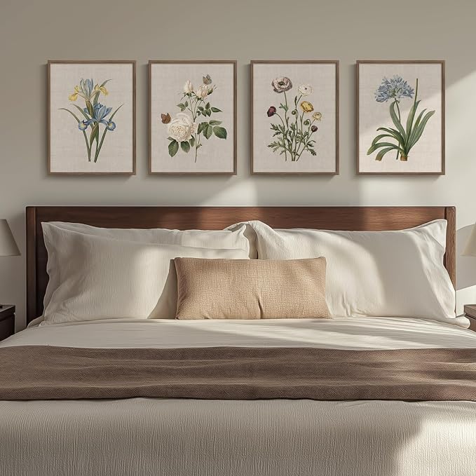 Framed Botanical Floral Wall Art, 4 Piece Vintage Flower Canvas Painting Prints - Image 2