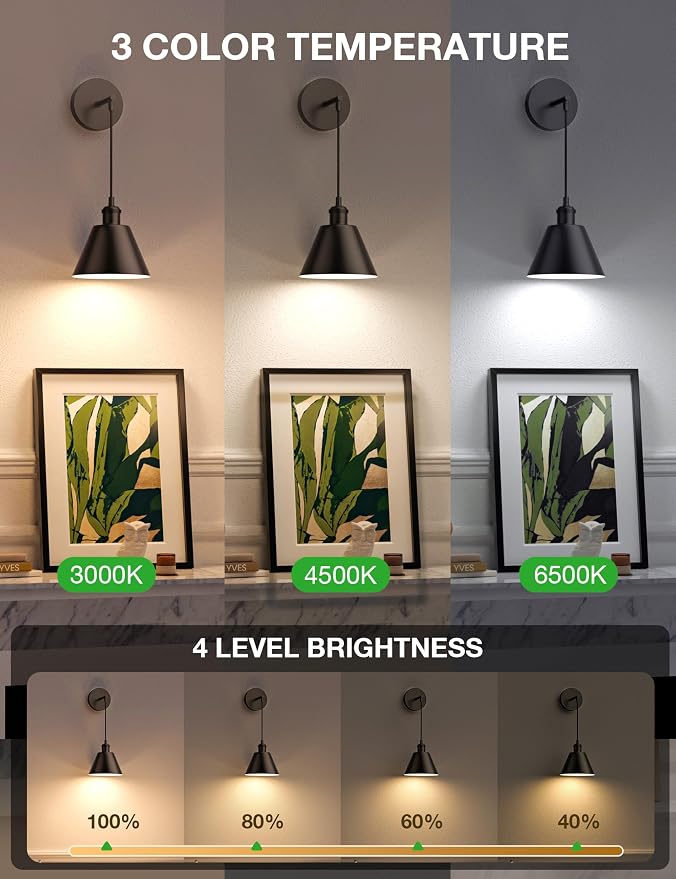 NIORSUN Matte Black Battery Operated Wall Sconce Set of 2, 5200mAh Dimmable - Image 2