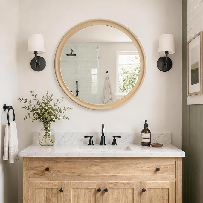 CULER Round Wall Mirrors 24 Inch, Natural Rustic Decorative Transitional Mirror - Image 2