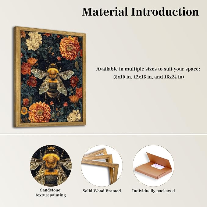 Framed Hand Drawn Sandstone Bee Wall Art, 3D Textured Nature Botanical Wall - Image 3