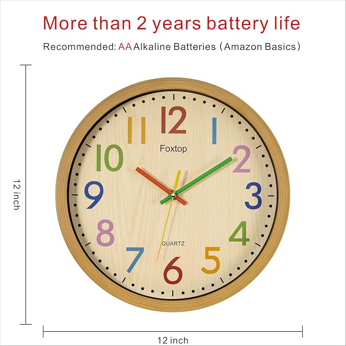 Foxtop Silent Kids Wall Clock 12 Inch Non-Ticking Battery Operated Colorful - Image 2