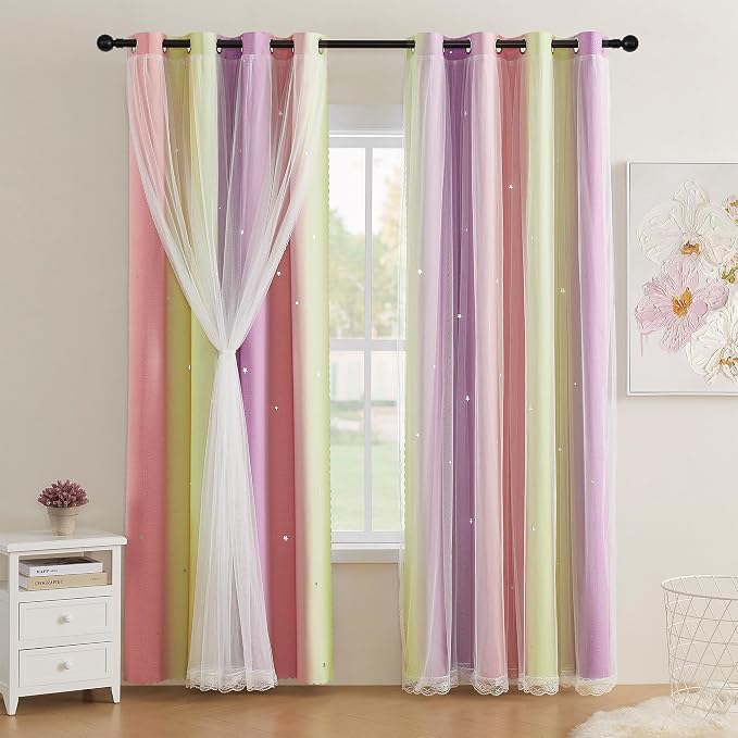 XiDi Pink & Rainbow Curtains for Kids & Girl Room by Addsomecolortolife