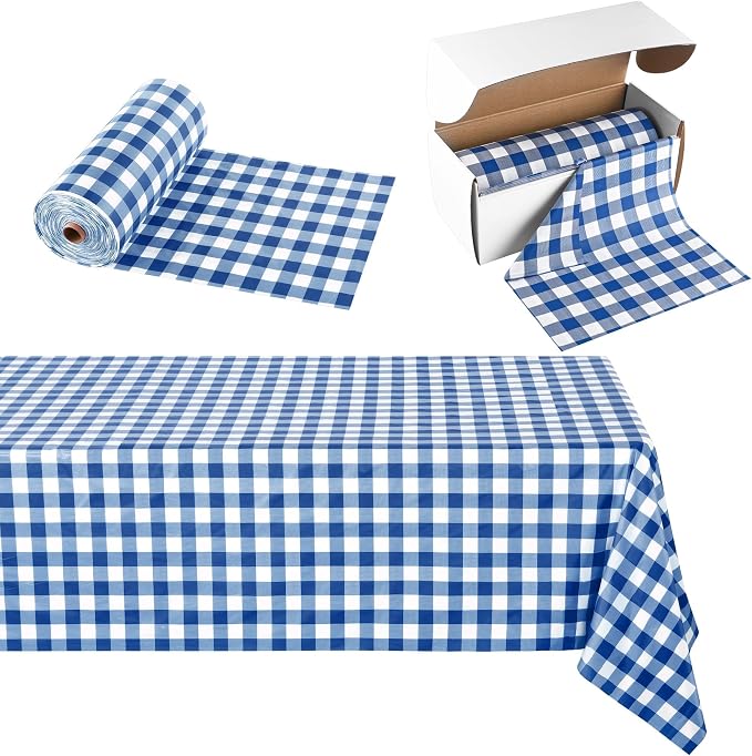 Kochorie 54 Inch x 300 Ft Blue Checkered Plastic Table Cloth Roll Disposable by Kochorie