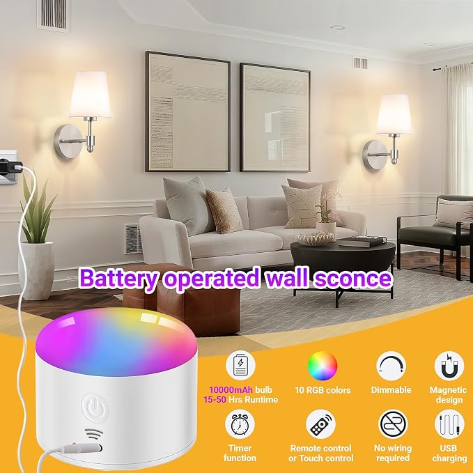 YHCDLAMP Battery Operated Wall Sconces Set of Two, Rechargeable Wireless Wall - Image 2