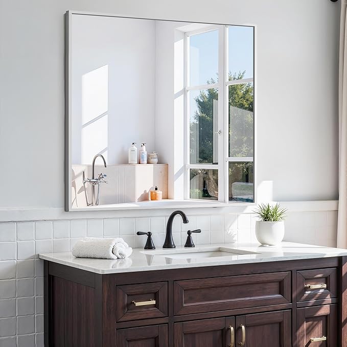 KOCUUY Silver Framed Mirror, HD Tempered Glass, Anti-Rust Frame, Modern Design by KOCUUY