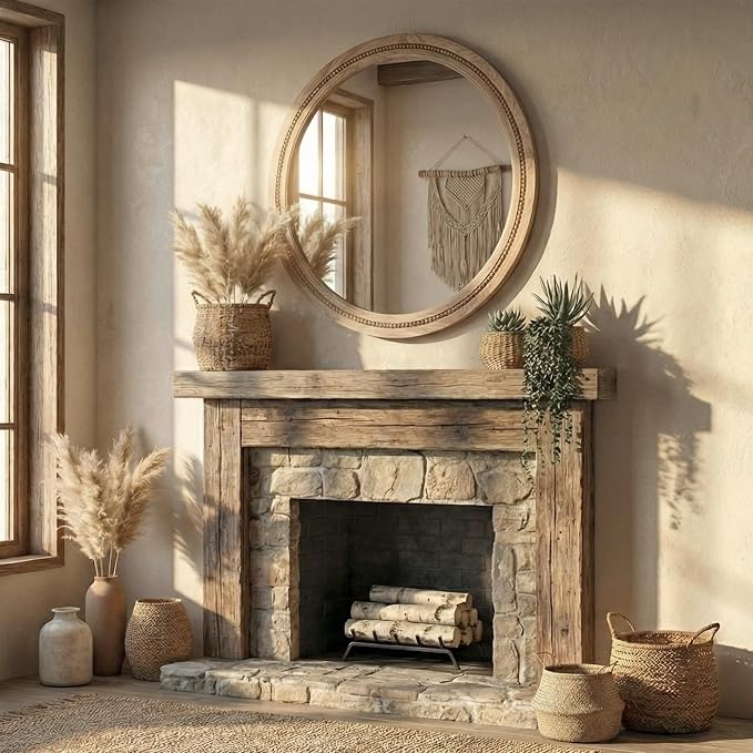 36" Large Round Wood Mirror for Living Room Fireplace, Big Solid Wood Wall - Image 7