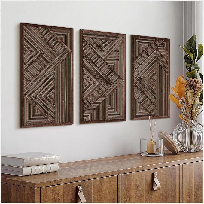 VIYYIEA Boho Solid Wood Carved Wall Art Set of 3, Geometric Minimalist Wooden by VIYYIEAART