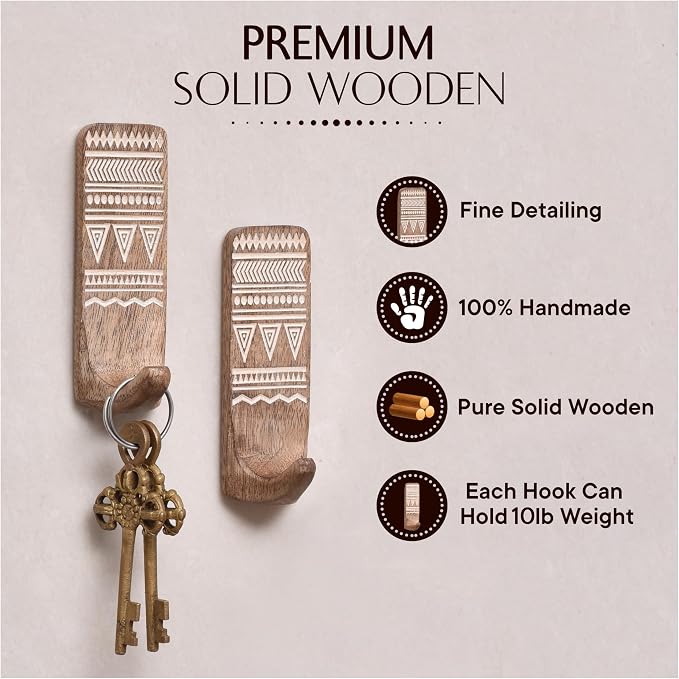 IndianShelf 10 LB- 3 Pieces Decorative Wood Adhesive Wall Hooks–Boho Peel and - Image 5