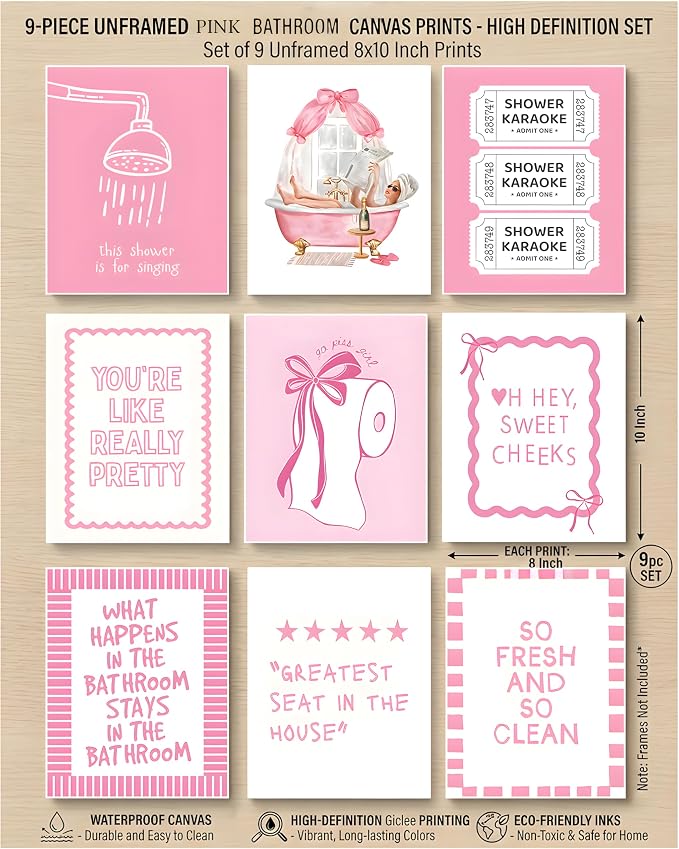 tgguytiy 9Pcs Pink Bow Bathroom Wall Art Prints, Coquette Bowknot Aesthetic - Image 3
