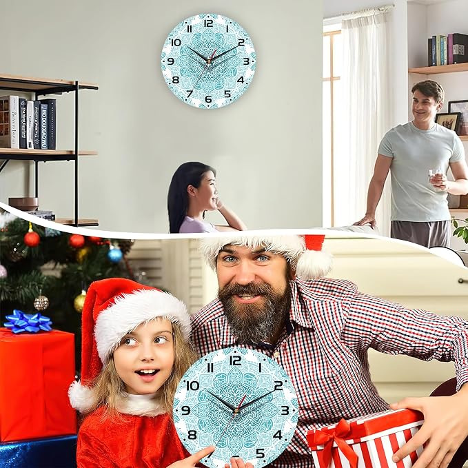 Teal Mandala Flower Wall Clock, Silent Non-Ticking, Battery Operated, Wooden - Image 7