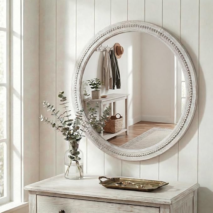 30" White Round Wood Mirror for Bathroom Vanity, Distressed Solid Wood Wall - Image 3