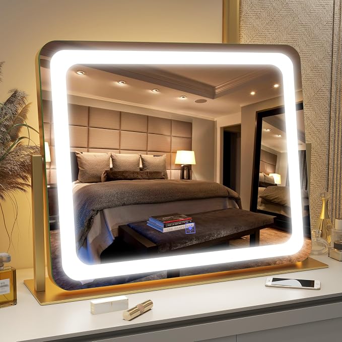 FENNIO Gold Vanity Mirror with Lights 22"x19", LED Lighted Makeup Mirror - Image 8