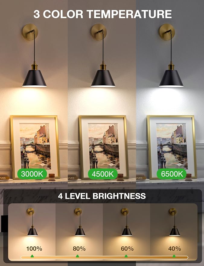 NIORSUN Gold & Black Battery Operated Wall Sconce Set of 2, 5200mAh Dimmable - Image 2