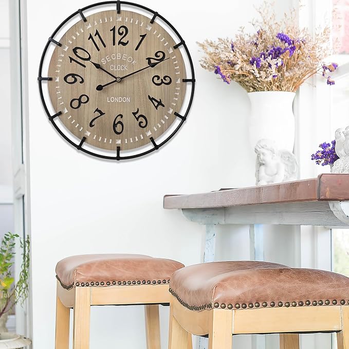 24 Inch Large Farmhouse Wall Clock, Metal Rustic Wood - Image 7