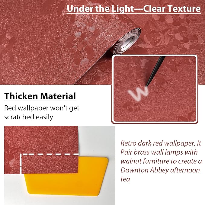 Dark Red Peel and Stick Wallpaper Textured Embossed Floral Contact Paper Peel - Image 2