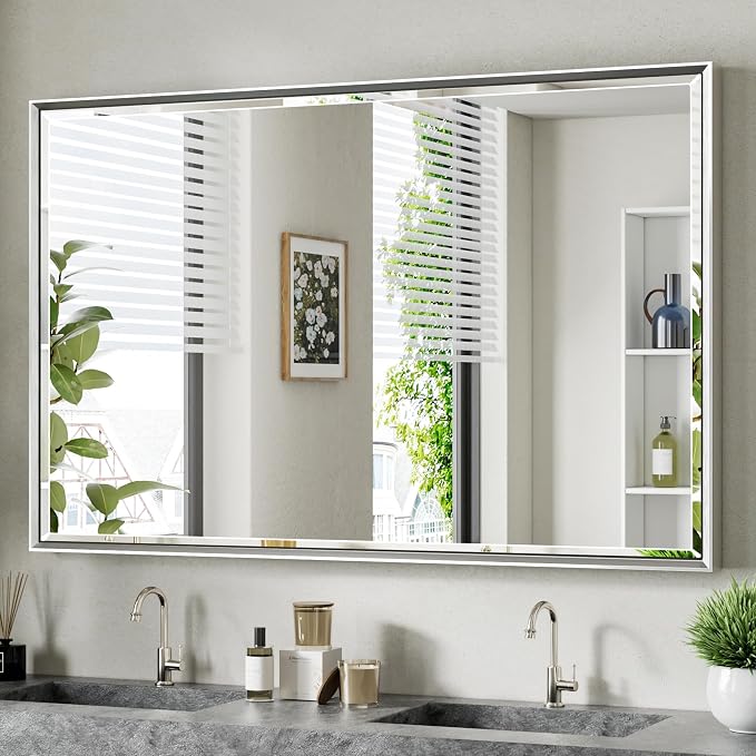 48 x 30 Beveled Bathroom Mirror, Shatterproof Rectangle Mirror, Metal Framed by QUEENFUN