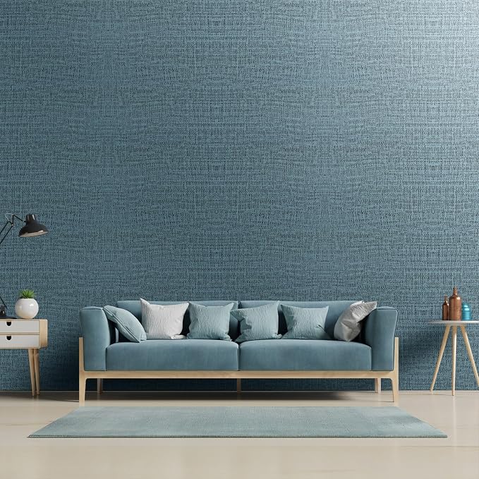 Yancorp 10ft Textured Fabric Teal Blue Wallpaper Faux Grasscloth Green Peel and - Image 2